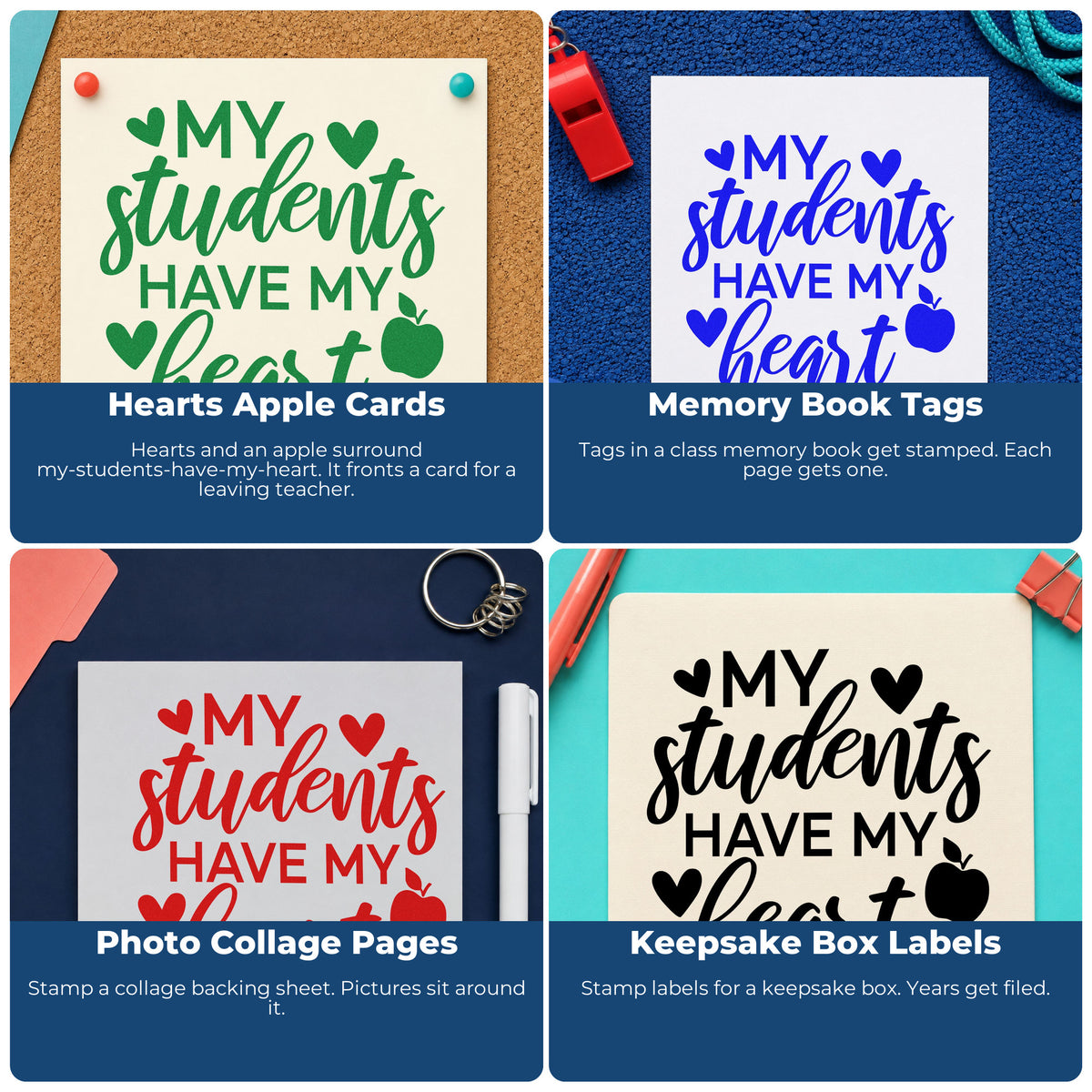 Four ways to use the Pre-Inked Students Have My Heart Apple Stamp – PSI: hearts apple cards, memory book tags, photo collage pages and keepsake box labels.