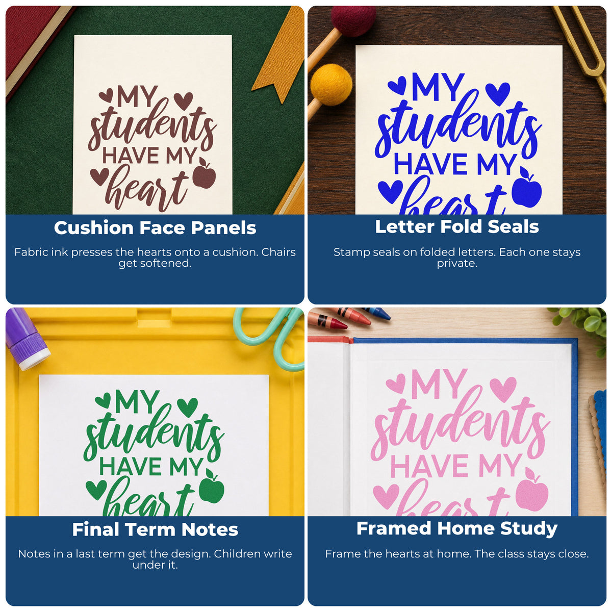 Four ways to use the Pre-Inked Students Have My Heart Apple Stamp – PSI: cushion face panels, letter fold seals, final term notes and framed home study.