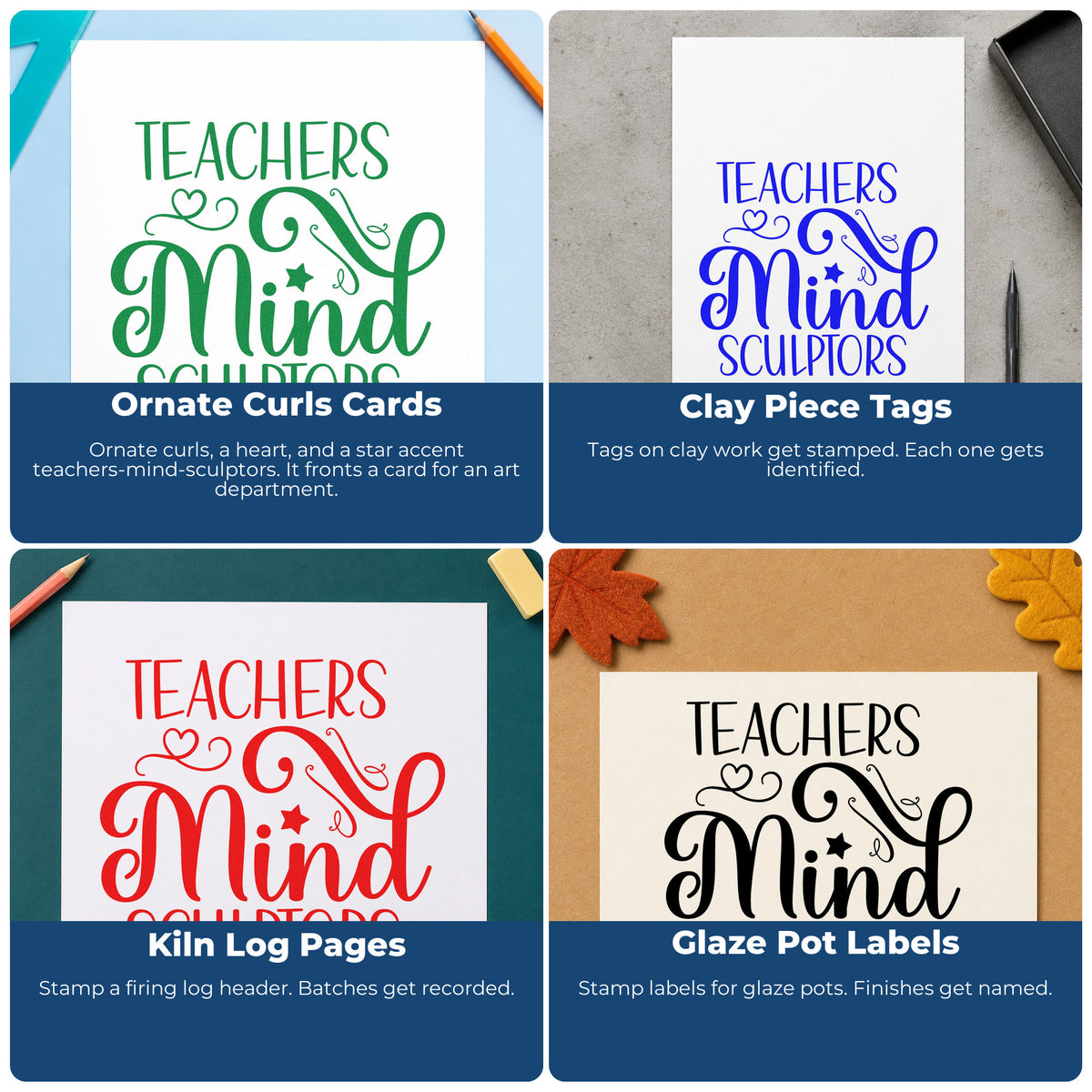 Four ways to use the Teachers Mind Sculptors Stamp – Wood Handle: ornate curls cards, clay piece tags, kiln log pages and glaze pot labels.