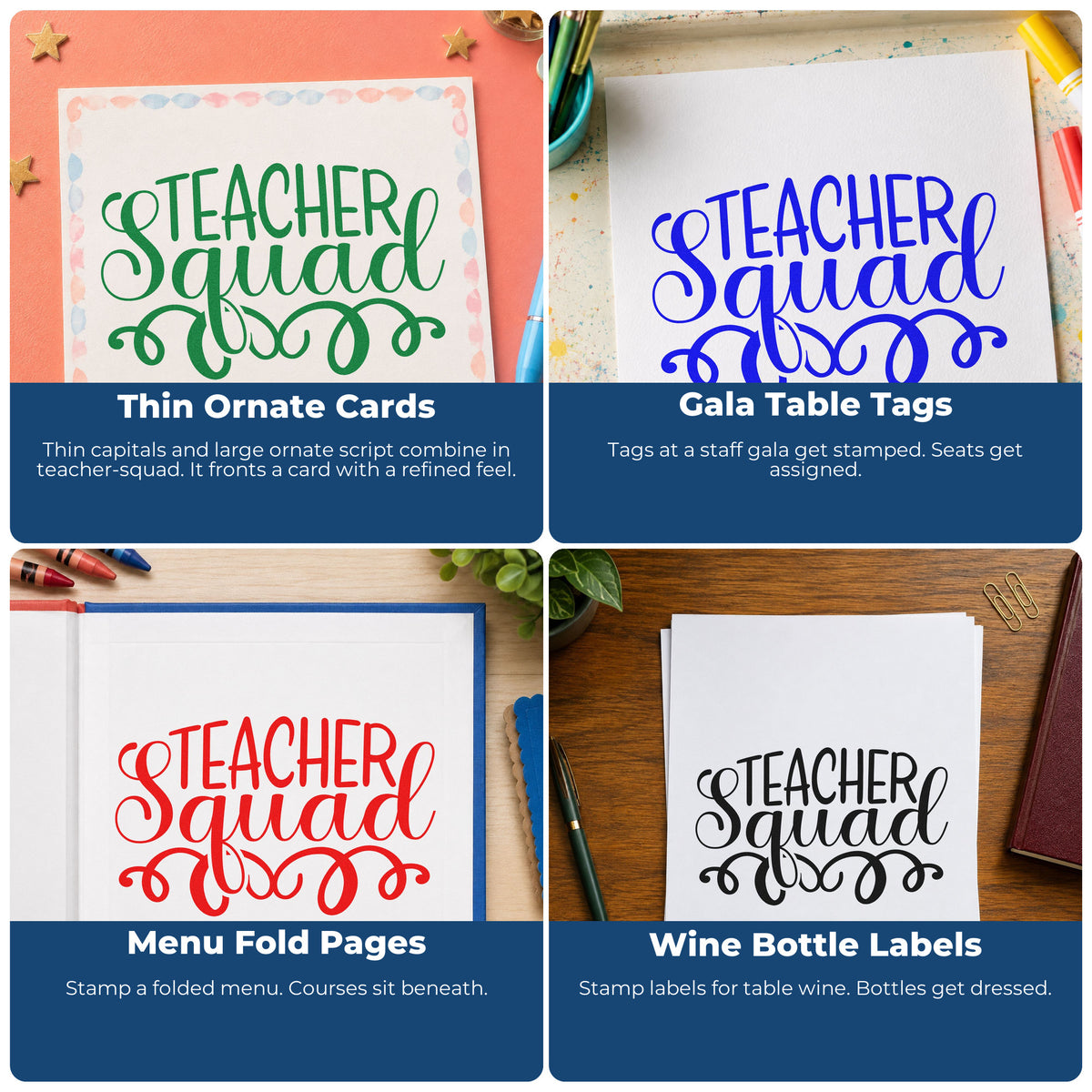 Teacher rubber stamps for grading, parent communication, student rewards, and homework folder reminders.