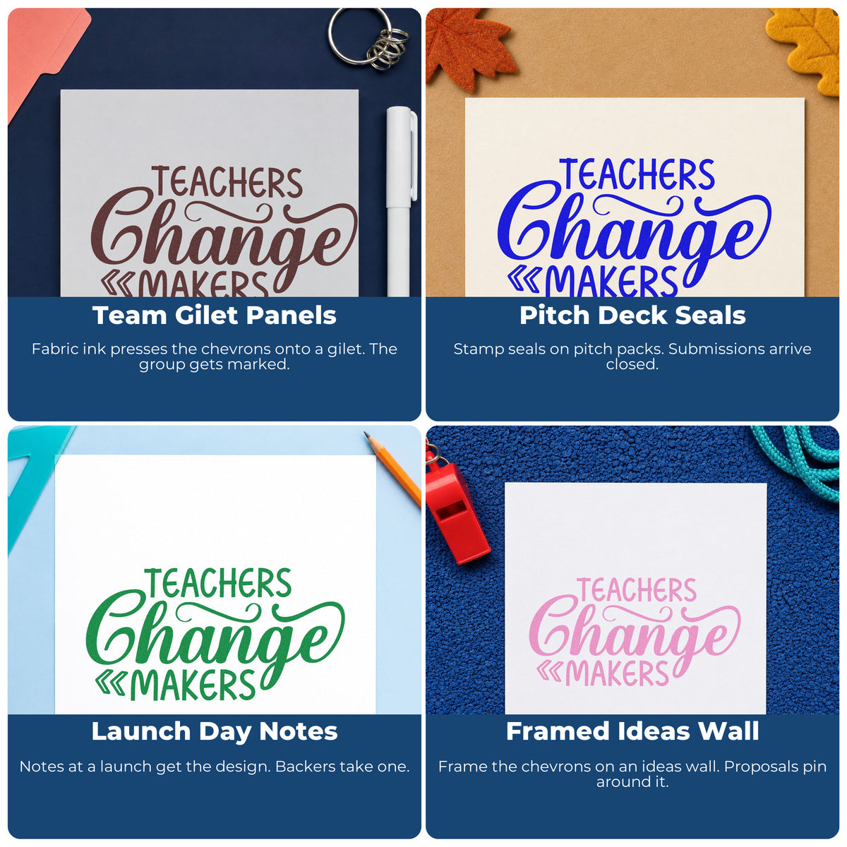Four ways to use the Teachers Change Makers Self-Inking Craft Stamp: team gilet panels, pitch deck seals, launch day notes and framed ideas wall.