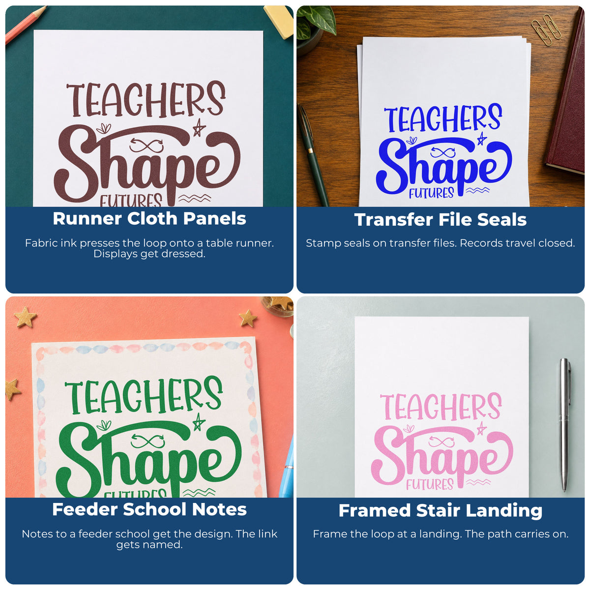 Four ways to use the Teachers Shape Futures Arrow Loop Pre-Inked Stamp – Slim: runner cloth panels, transfer file seals, feeder school notes and framed stair landing.