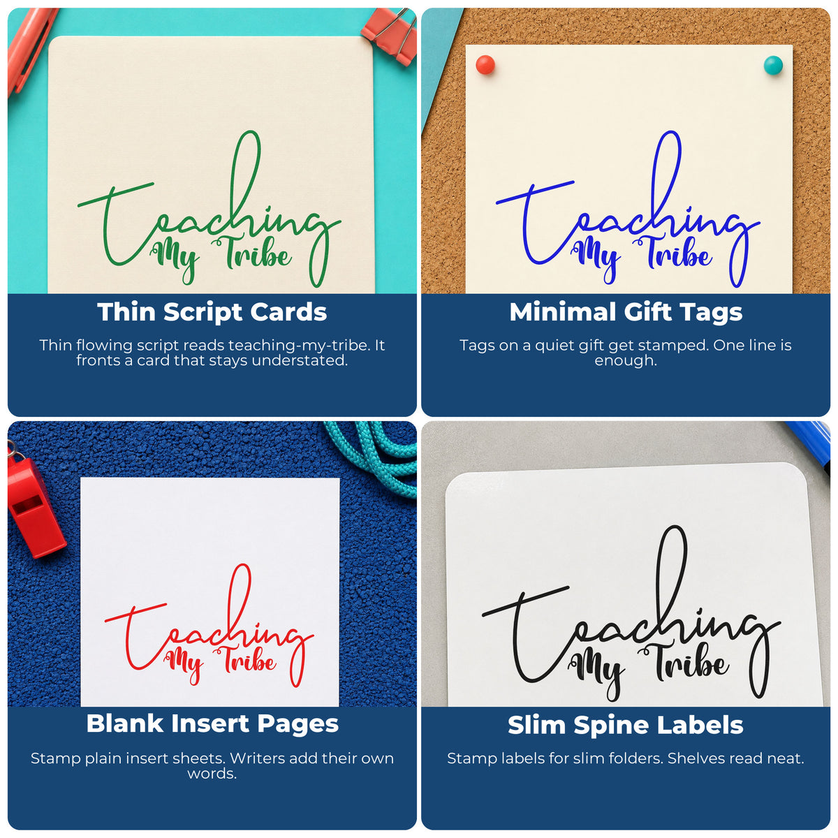 Four ways to use the Teaching My Tribe Script Premium Wooden Stamp - Vintage Pro: thin script cards, minimal gift tags, blank insert pages and slim spine labels.