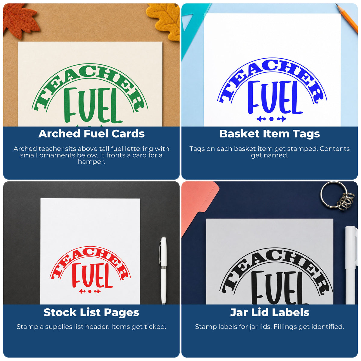 Four ways to use the Teacher Fuel Arched Lettering Rubber Stamp – Duo Hand: arched fuel cards, basket item tags, stock list pages and jar lid labels.
