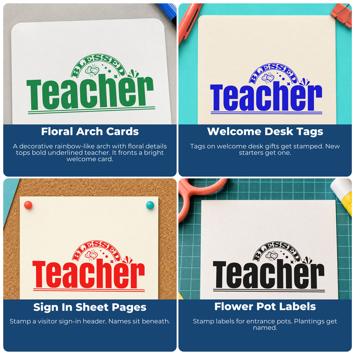Four ways to use the Teacher Rainbow And Flowers Arch Rubber Stamp – Wood Handle: floral arch cards, welcome desk tags, sign in sheet pages and flower pot labels.