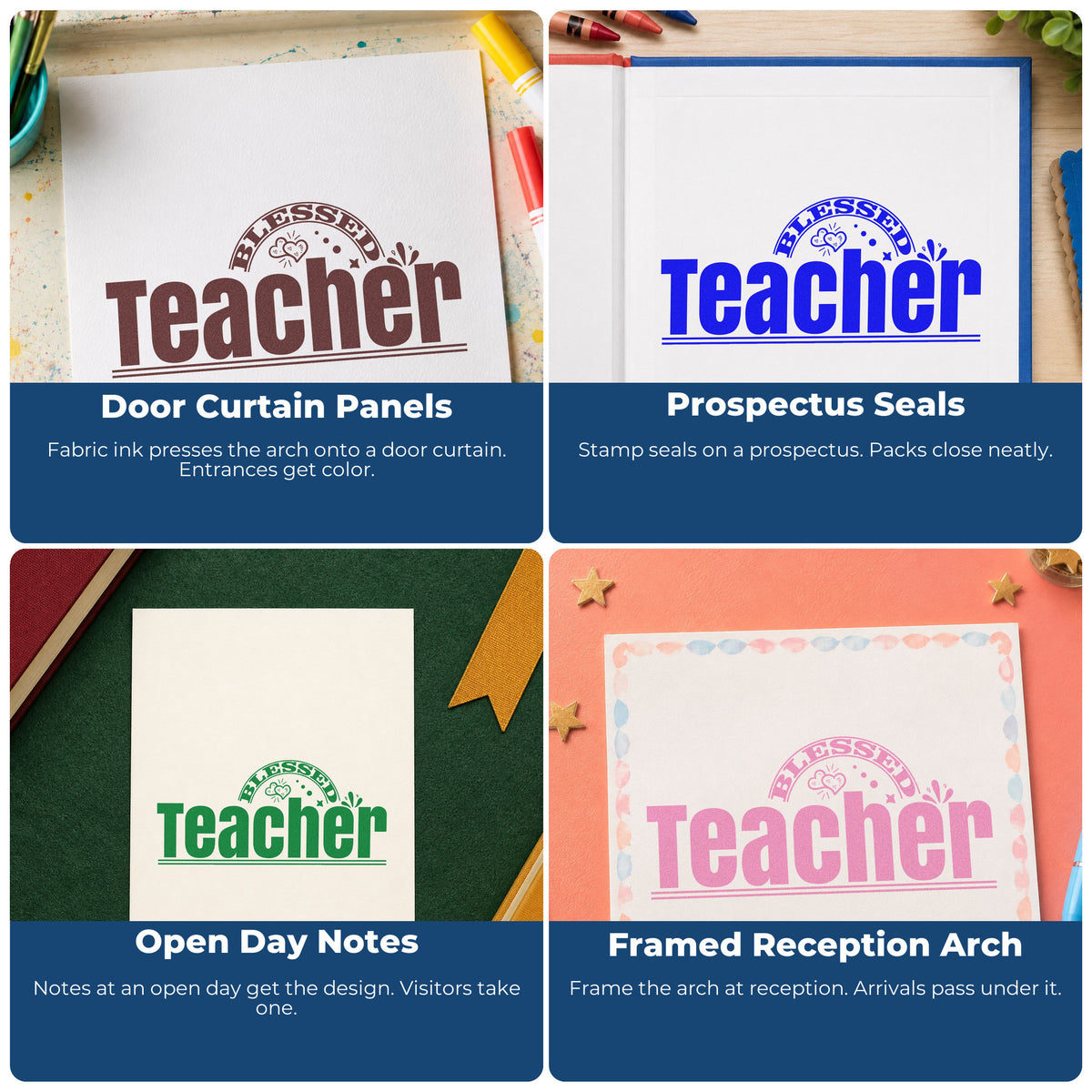Four ways to use the Teacher Rainbow And Flowers Arch Pre-Inked Stamp – Slim: door curtain panels, prospectus seals, open day notes and framed reception arch.