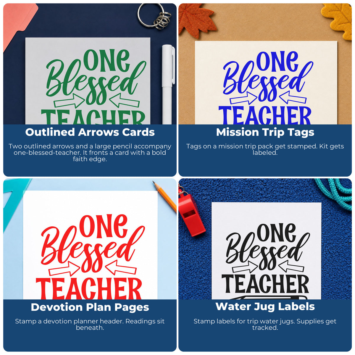 Four ways to use the One Blessed Teacher Pencil Premium Wood-Mounted Stamp - Vintage Pro: outlined arrows cards, mission trip tags, devotion plan pages and water jug labels.