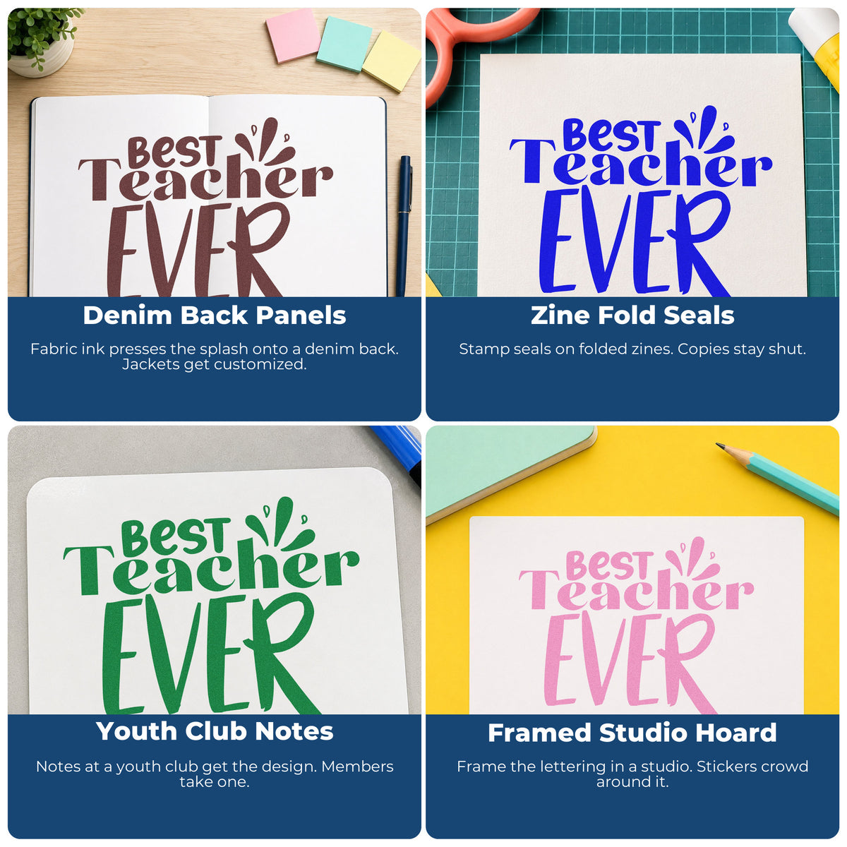 Four ways to use the Best Teacher Ever Splash Serif Lettering Duo Hand Stamp: denim back panels, zine fold seals, youth club notes and framed studio hoard.