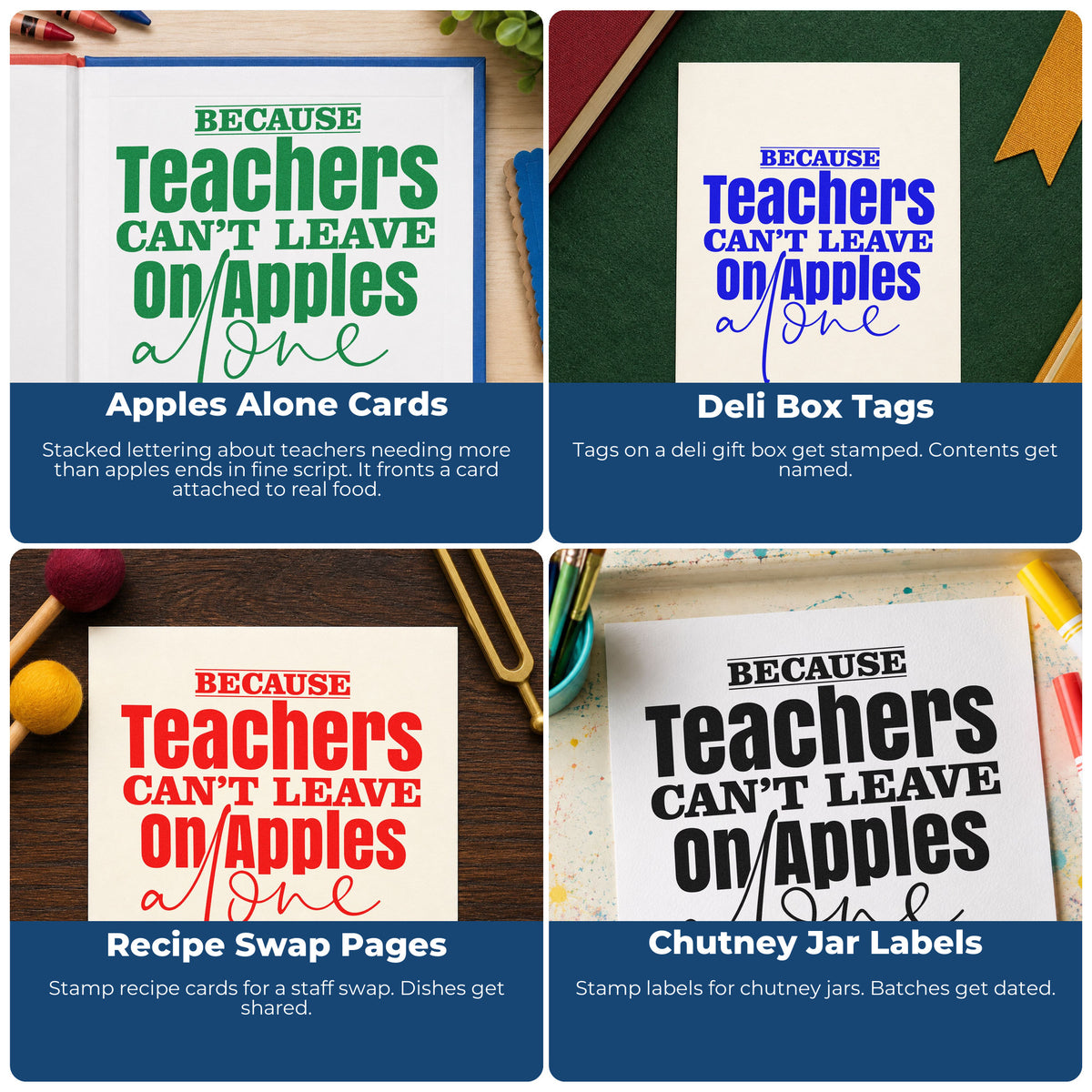 Four ways to use the Teachers And Apples Stacked Lettering Pre-Inked Stamp – PSI: apples alone cards, deli box tags, recipe swap pages and chutney jar labels.