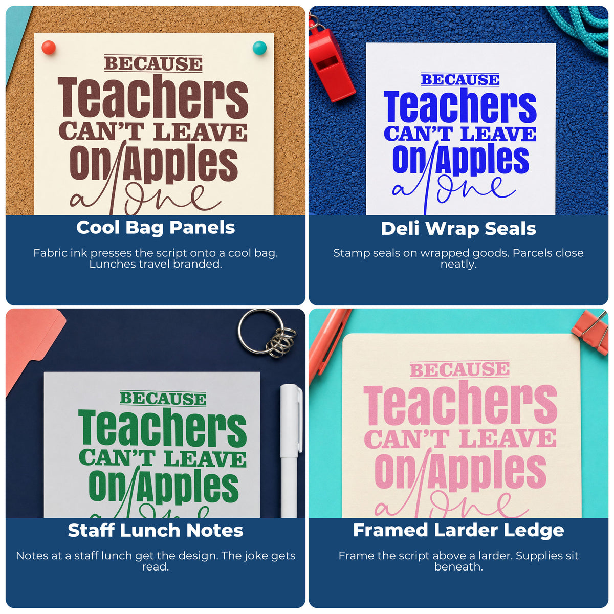 Four ways to use the Teachers And Apples Stacked Lettering Premium Wooden Stamp - Vintage Pro: cool bag panels, deli wrap seals, staff lunch notes and framed larder ledge.