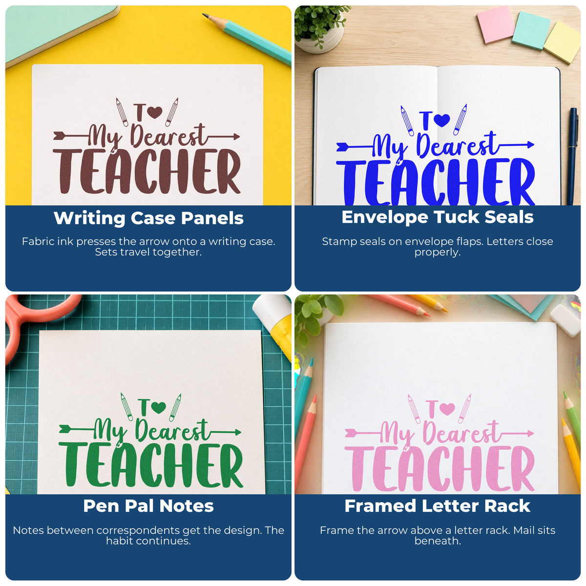 Four ways to use the My Dearest Teacher Premium Wooden Stamp - Vintage Pro: writing case panels, envelope tuck seals, pen pal notes and framed letter rack.