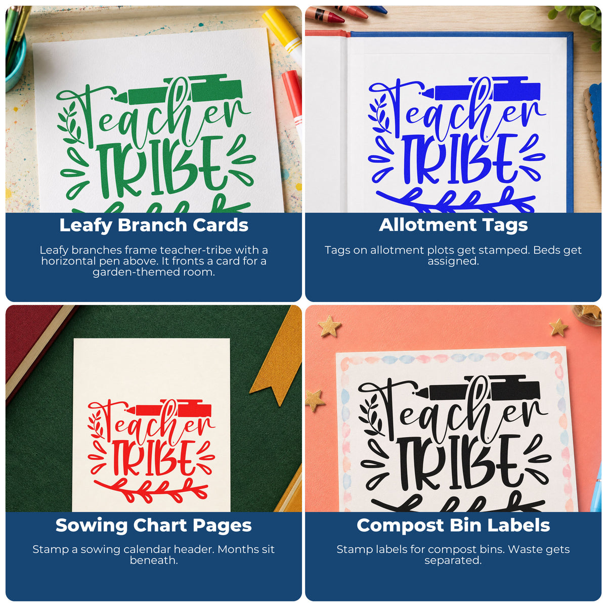Four ways to use the Teacher Tribe Pen And Leaves Leafy Branches Rubber Stamp – Wood Handle: leafy branch cards, allotment tags, sowing chart pages and compost bin labels.