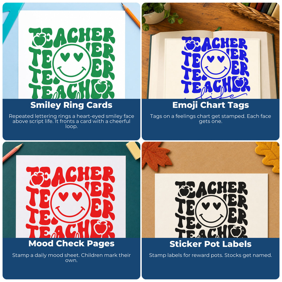 Four ways to use the Teacher Life Smiley Repeat With Hearts Stamp - Premium Vintage Pro Wooden: smiley ring cards, emoji chart tags, mood check pages and sticker pot labels.