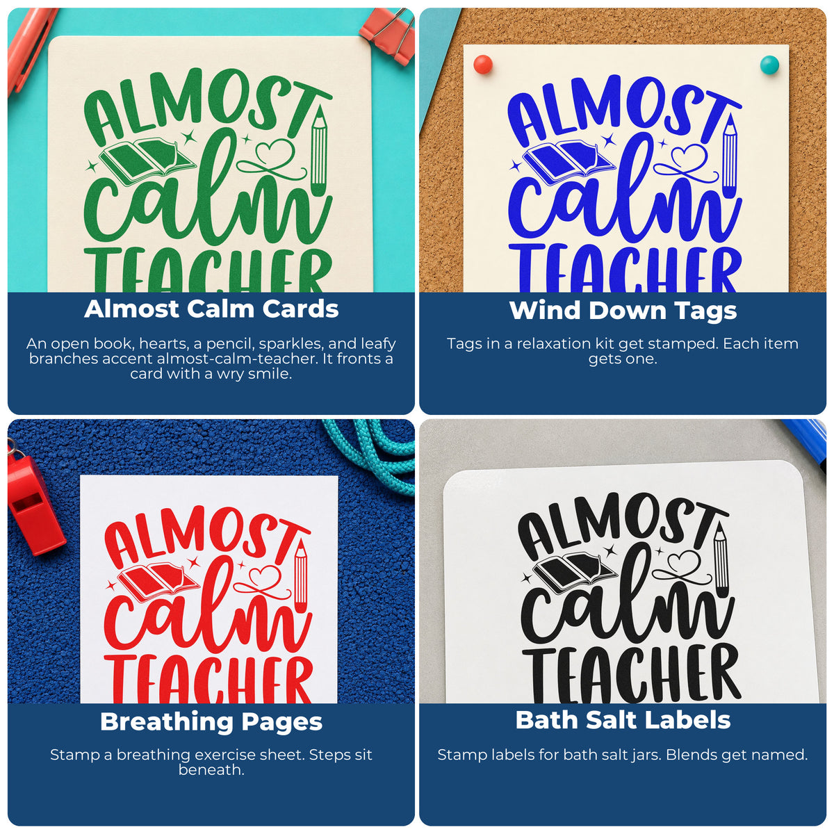 Four ways to use the Almost Calm Teacher Leafy Branches Stamp – Self-Inking: almost calm cards, wind down tags, breathing pages and bath salt labels.