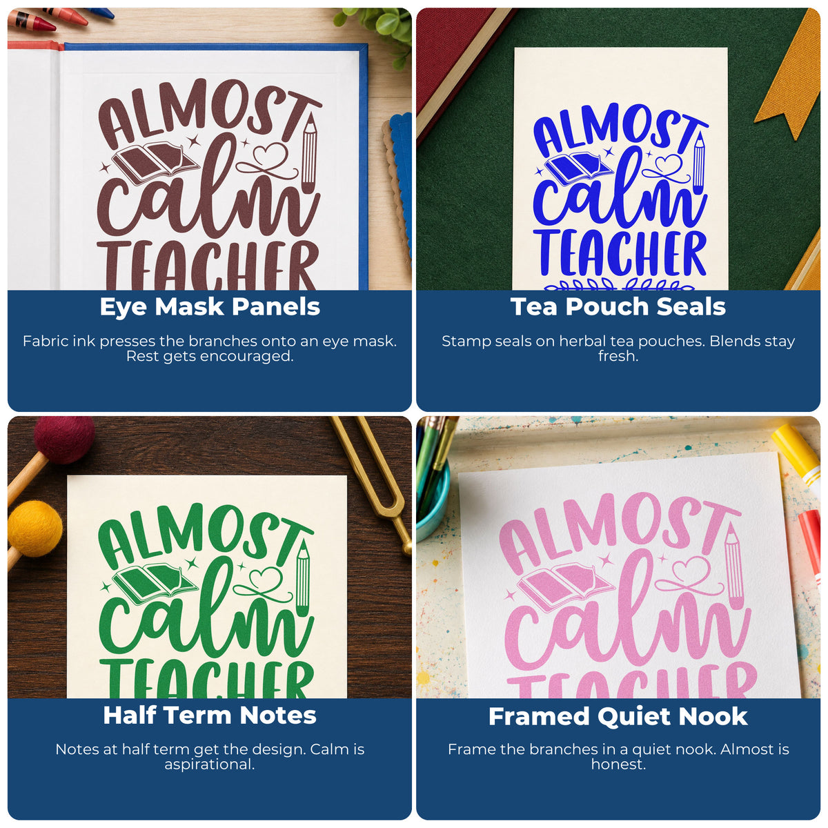Four ways to use the Almost Calm Teacher Leafy Branches Rubber Stamp – Duo Hand: eye mask panels, tea pouch seals, half term notes and framed quiet nook.