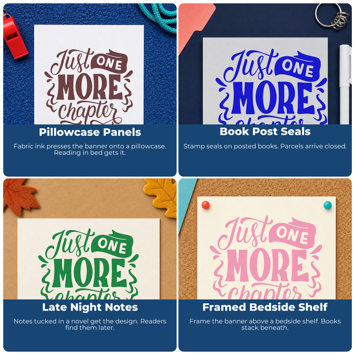 Four ways to use the Just One More Chapter Pre-Inked Stamp – PSI: pillowcase panels, book post seals, late night notes and framed bedside shelf.