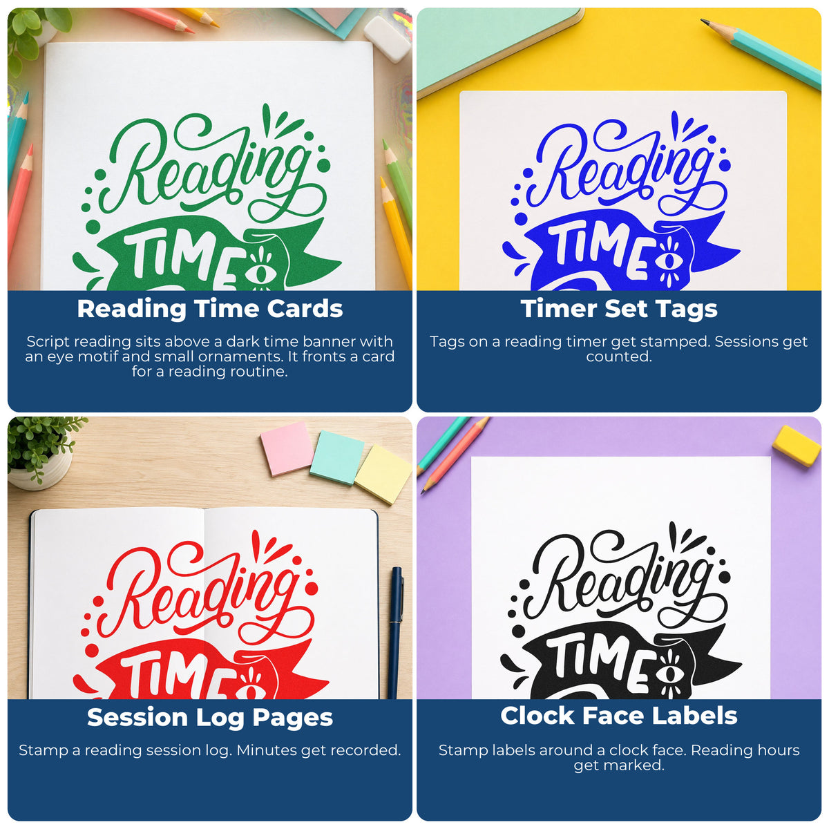 Four ways to use the Reading Time Eye And Banner Stamp - Premium Vintage Pro Wooden: reading time cards, timer set tags, session log pages and clock face labels.
