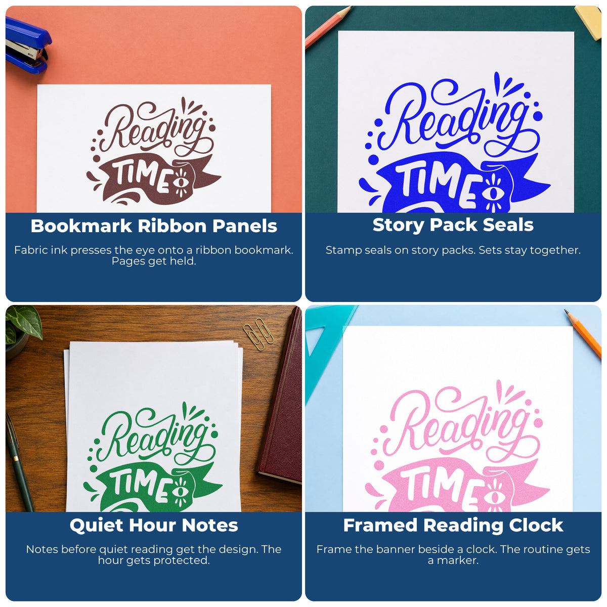Four ways to use the Pre-Inked Reading Time Eye And Banner Stamp – PSI: bookmark ribbon panels, story pack seals, quiet hour notes and framed reading clock.