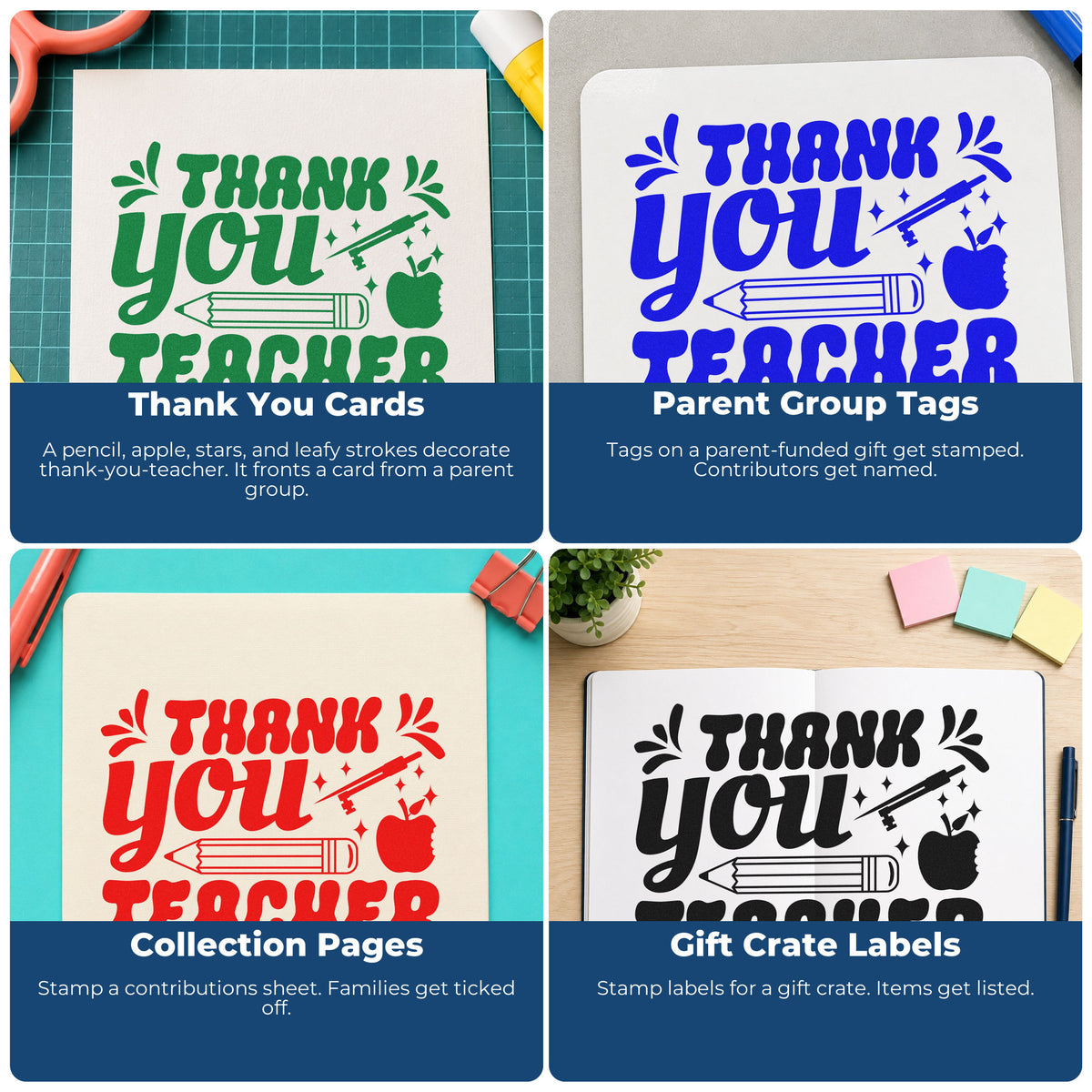 Four ways to use the Premium Wooden Thank You Teacher Pencil Leaf Accents Stamp - Vintage Pro: thank you cards, parent group tags, collection pages and gift crate labels.