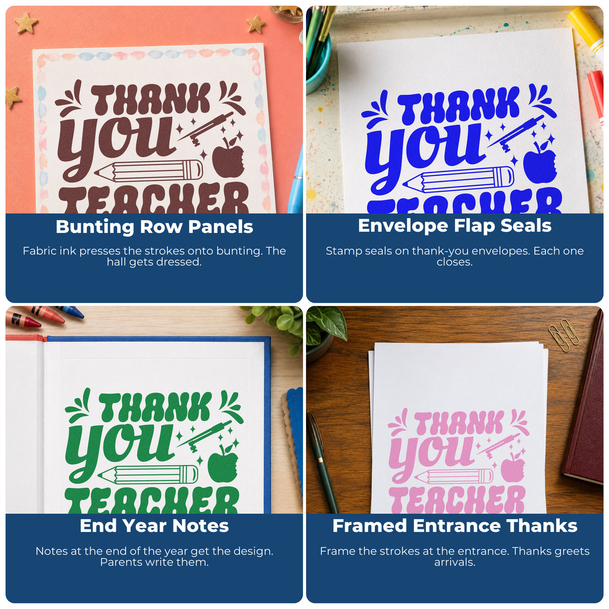 Four ways to use the Premium Wooden Thank You Teacher Pencil Leaf Accents Stamp - Vintage Pro: bunting row panels, envelope flap seals, end year notes and framed entrance thanks.