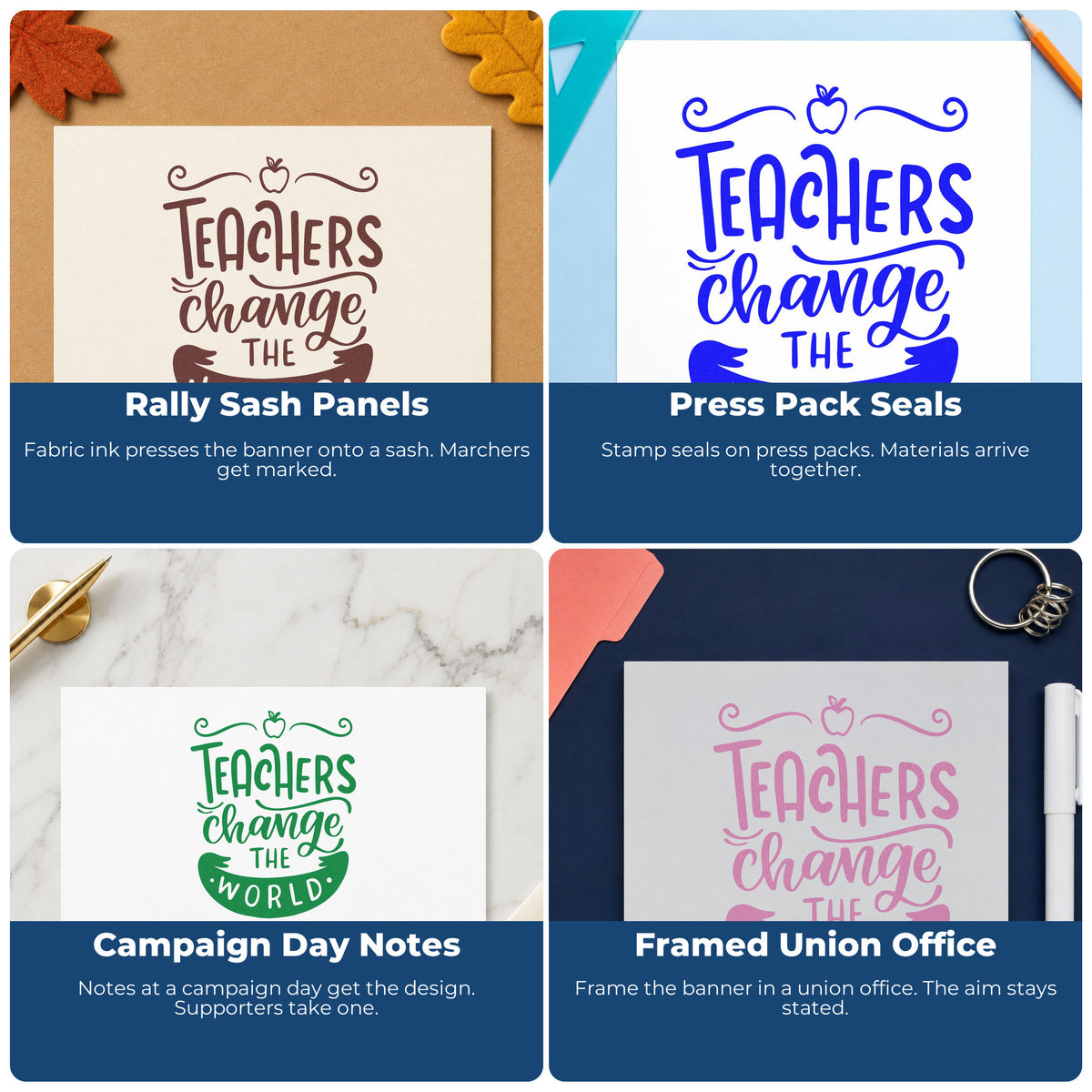 Four ways to use the Teachers Change The World Apple Ribbon Lettering Premium Wooden Stamp - Vintage Pro: rally sash panels, press pack seals, campaign day notes and framed union office.
