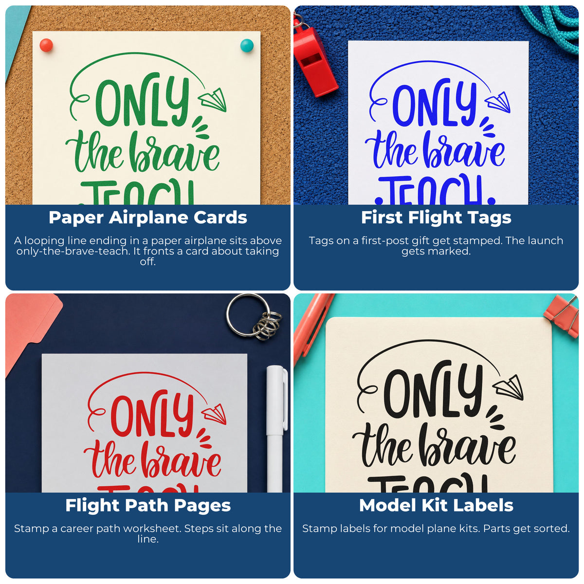 Four ways to use the Only Brave Teach Paper Airplane Stamp - Premium Vintage Pro Wooden: paper airplane cards, first flight tags, flight path pages and model kit labels.