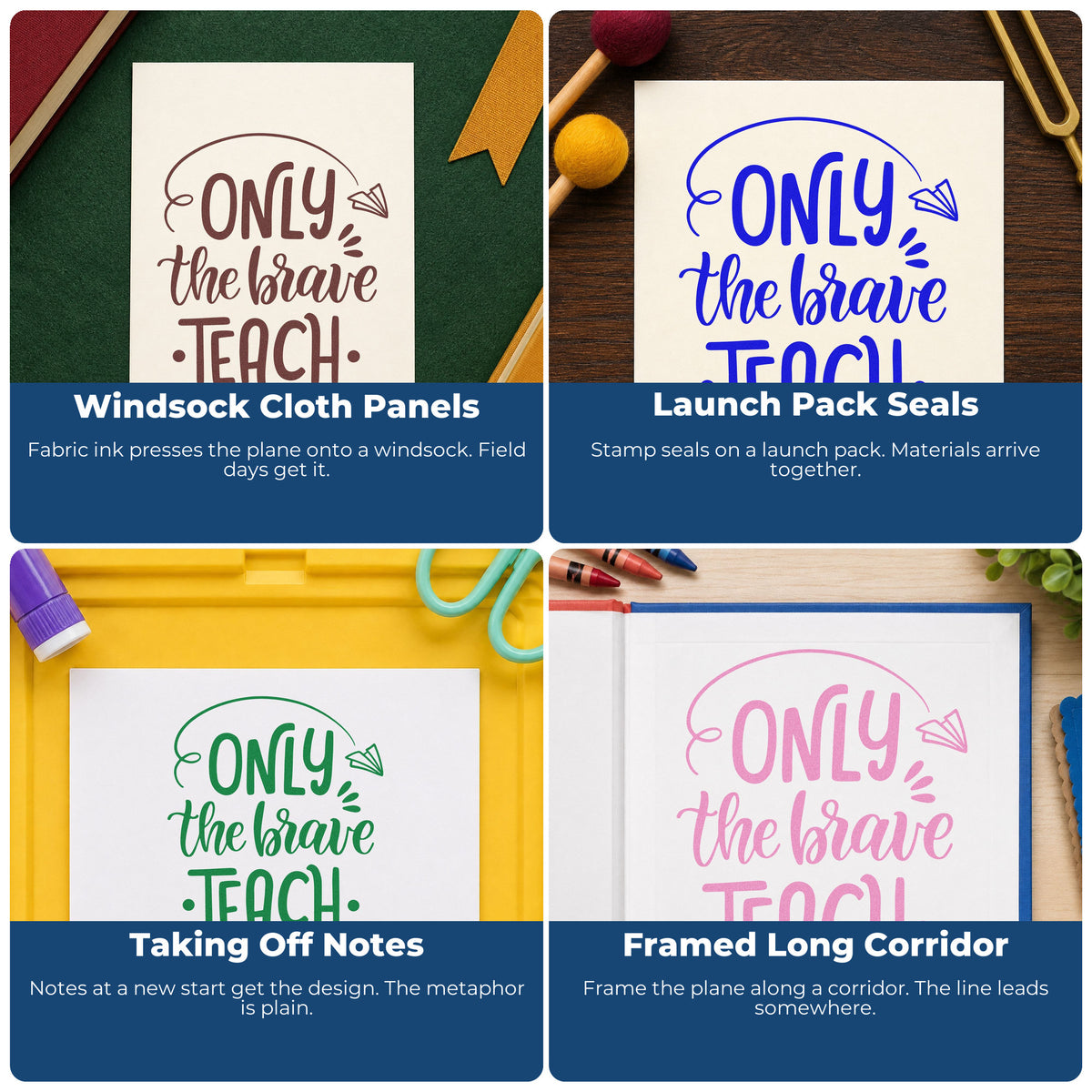 Four ways to use the Only Brave Teach Paper Airplane Stamp - Premium Vintage Pro Wooden: windsock cloth panels, launch pack seals, taking off notes and framed long corridor.