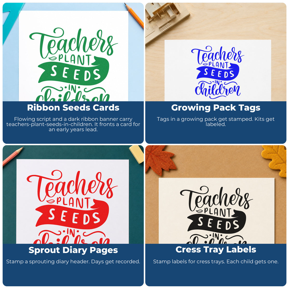 Four ways to use the Teachers Plant Seeds In Children Wood Handle Stamp: ribbon seeds cards, growing pack tags, sprout diary pages and cress tray labels.