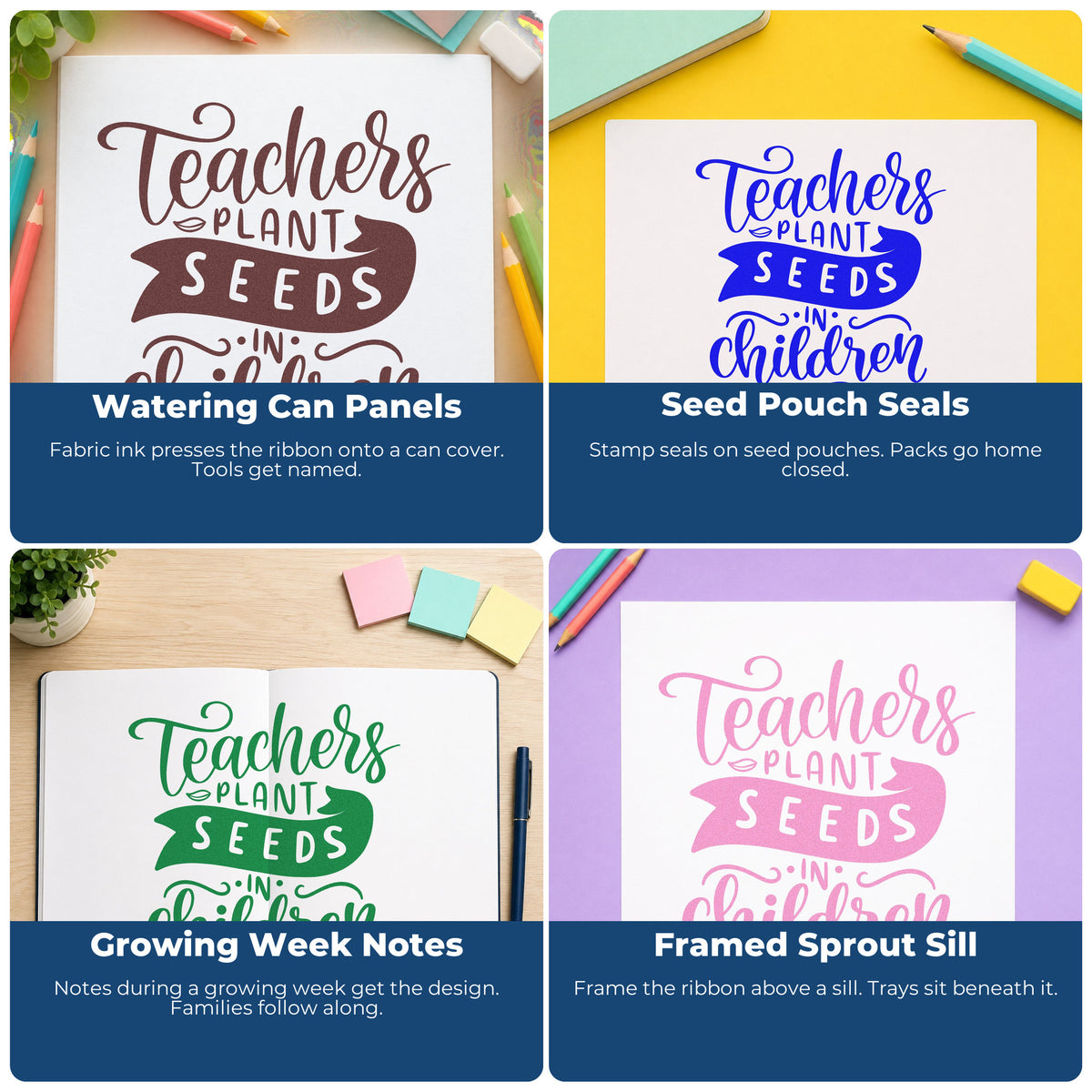 Four ways to use the Teachers Plant Seeds In Children Wood Handle Stamp: watering can panels, seed pouch seals, growing week notes and framed sprout sill.