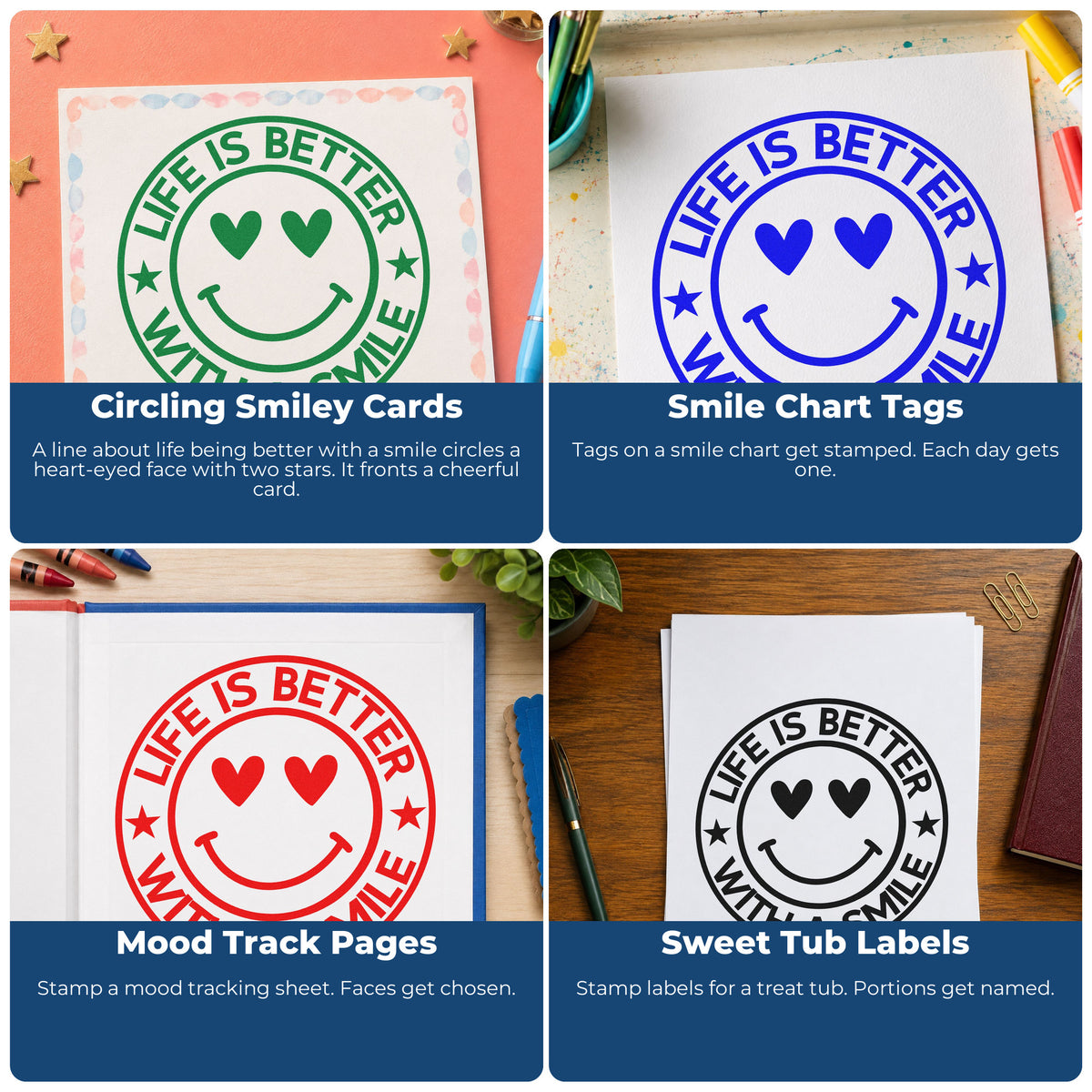 Four ways to use the Life Better Smile Round Emblem Hand Stamp – Duo: circling smiley cards, smile chart tags, mood track pages and sweet tub labels.