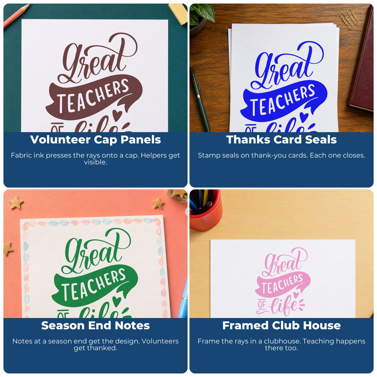 Four ways to use the Great Teachers Of Life With Hearts Stamp – Self-Inking: volunteer cap panels, thanks card seals, season end notes and framed club house.