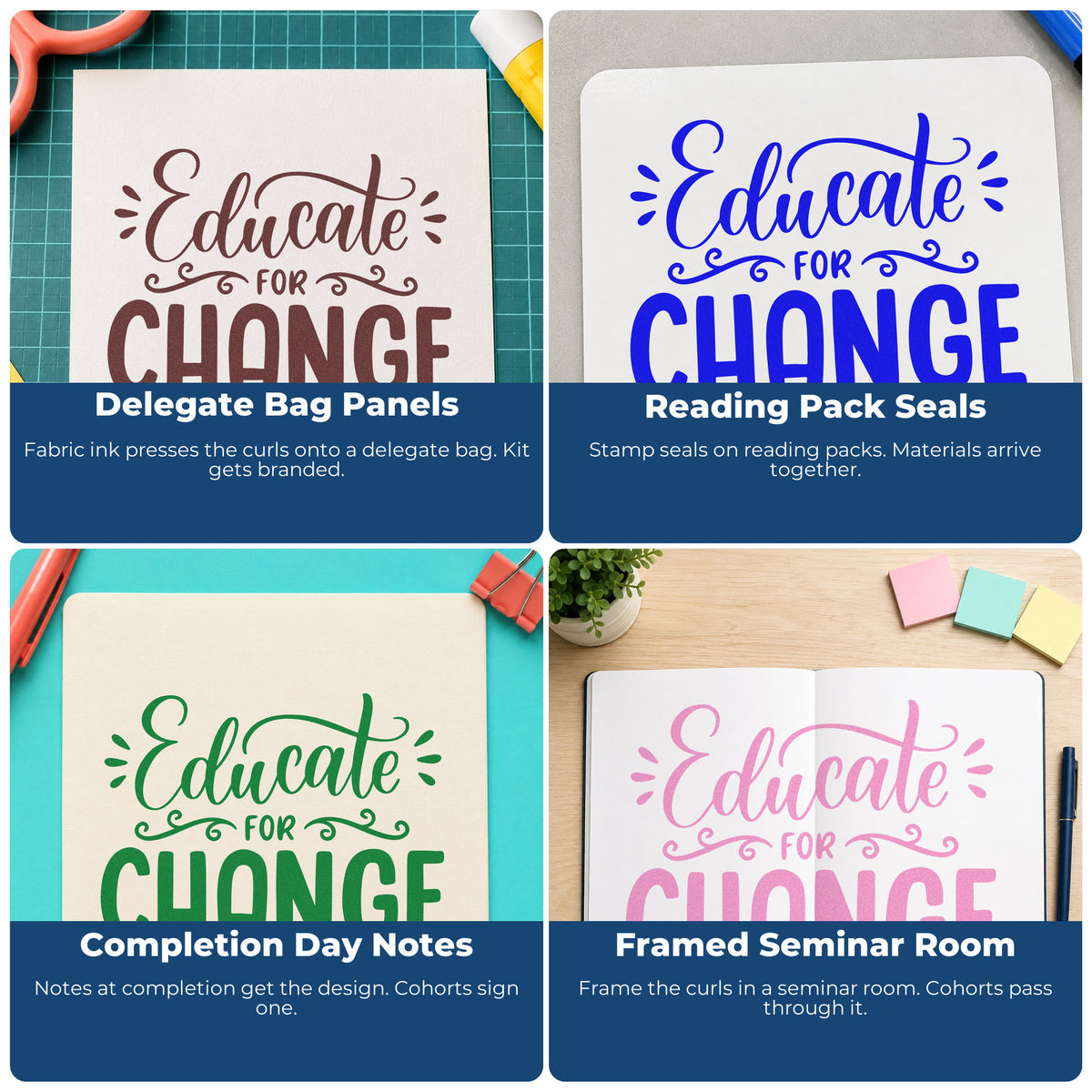 Four ways to use the Educate For Change Self-Inking Stamp: delegate bag panels, reading pack seals, completion day notes and framed seminar room.