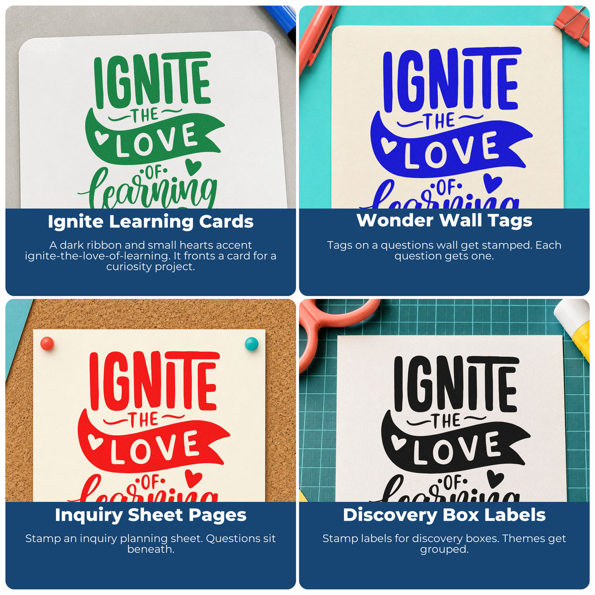 Four ways to use the Ignite Love Of Learning Duo Hand Stamp: ignite learning cards, wonder wall tags, inquiry sheet pages and discovery box labels.