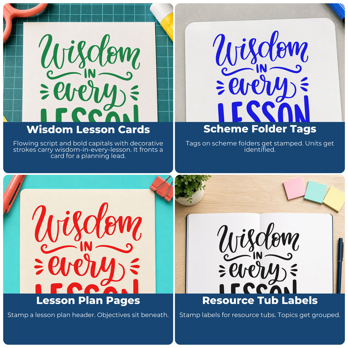 Four ways to use the Wisdom In Every Lesson Self-Inking Stamp: wisdom lesson cards, scheme folder tags, lesson plan pages and resource tub labels.