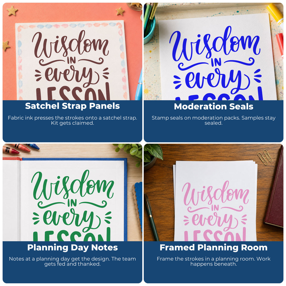 Four ways to use the Wisdom In Every Lesson Slim Pre-Inked Stamp: satchel strap panels, moderation seals, planning day notes and framed planning room.