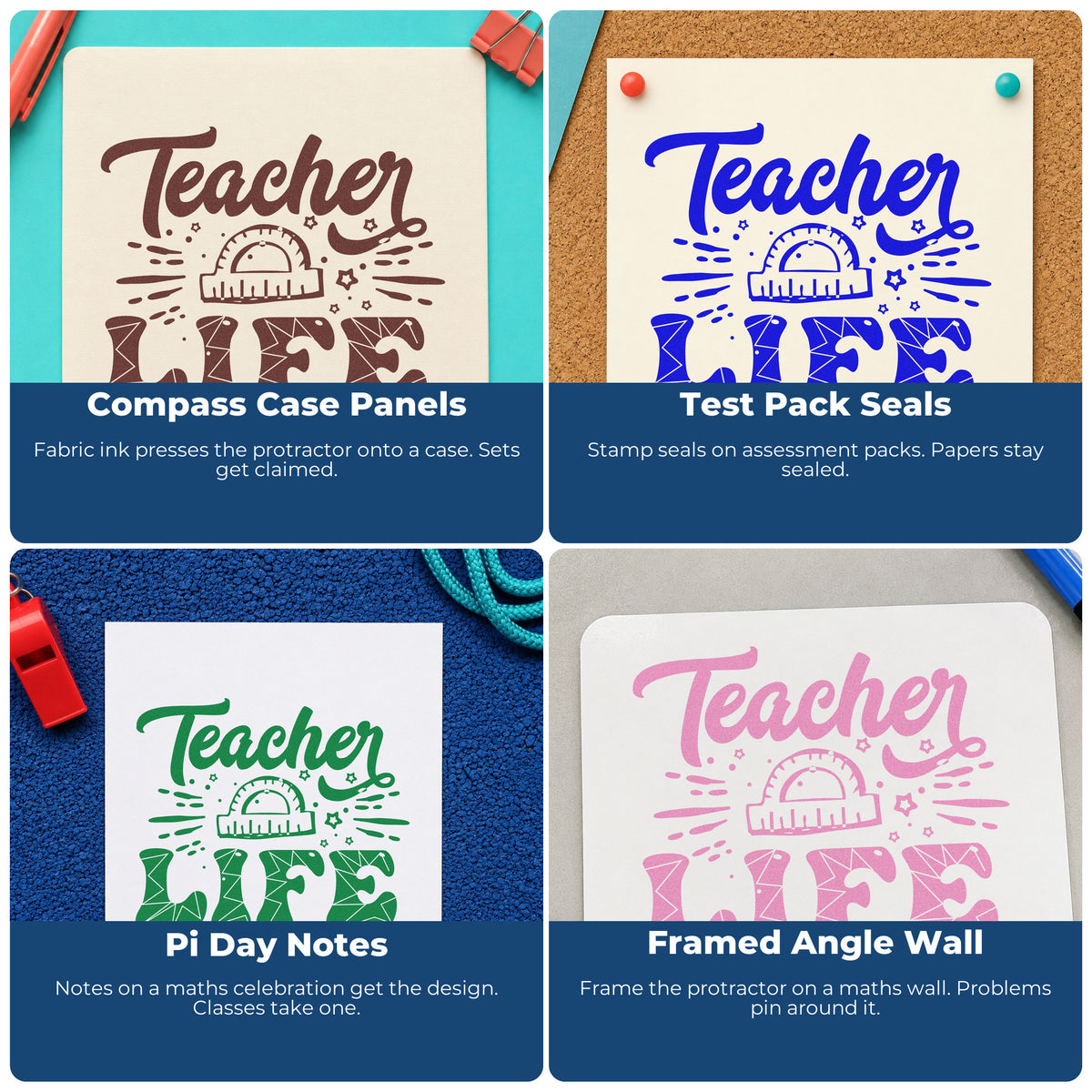 Four ways to use the Teacher Life Geometry Pattern With Stars Craft Stamp – Self-Inking: compass case panels, test pack seals, pi day notes and framed angle wall.