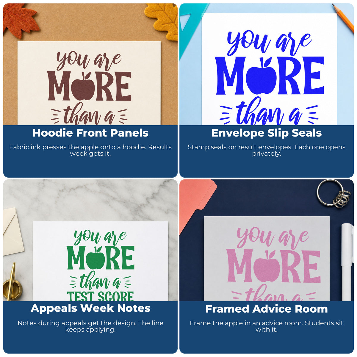 Four ways to use the More Than A Test Score Compact Pre-Inked Stamp – Slim: hoodie front panels, envelope slip seals, appeals week notes and framed advice room.