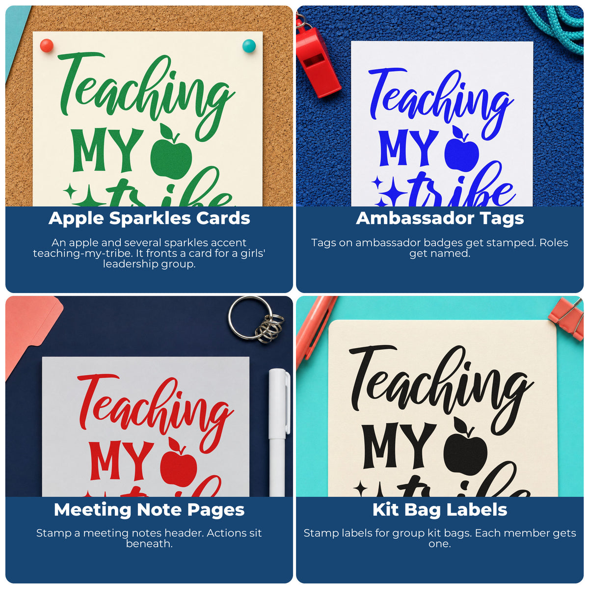 Four ways to use the Vintage Pro Teaching My Tribe Apple Premium Wooden Stamp: apple sparkles cards, ambassador tags, meeting note pages and kit bag labels.
