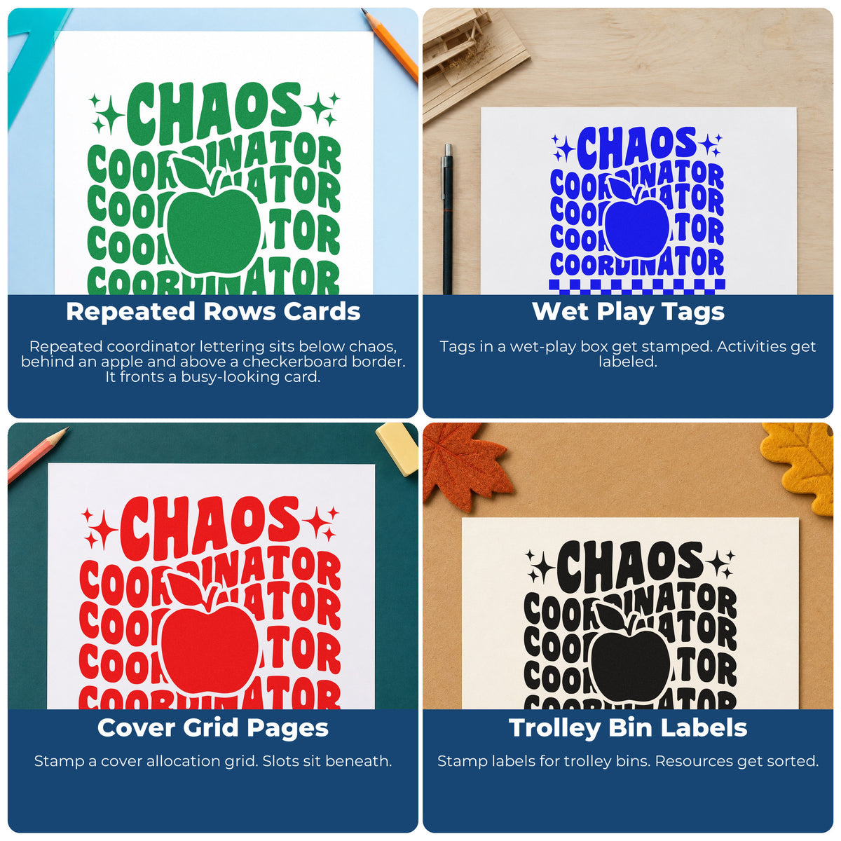Four ways to use the Chaos Coordinator Apple Repeat Lettering Pre-Inked Stamp – Slim: repeated rows cards, wet play tags, cover grid pages and trolley bin labels.