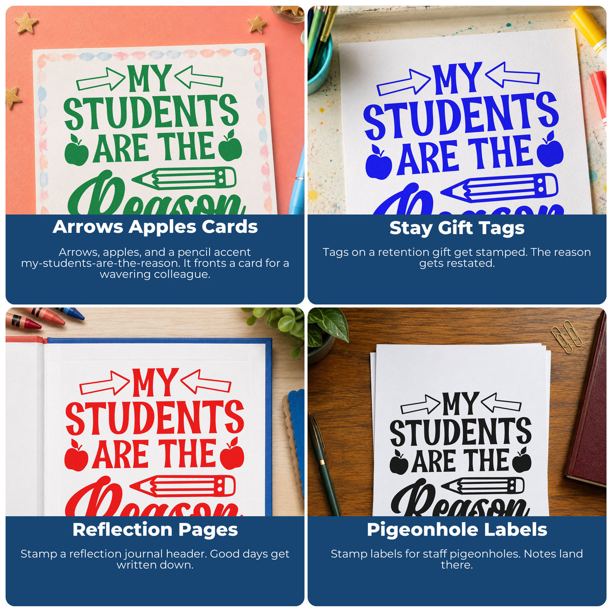 Four ways to use the My Students Are The Reason Apple Motif Premium Wooden Stamp - Vintage Pro: arrows apples cards, stay gift tags, reflection pages and pigeonhole labels.