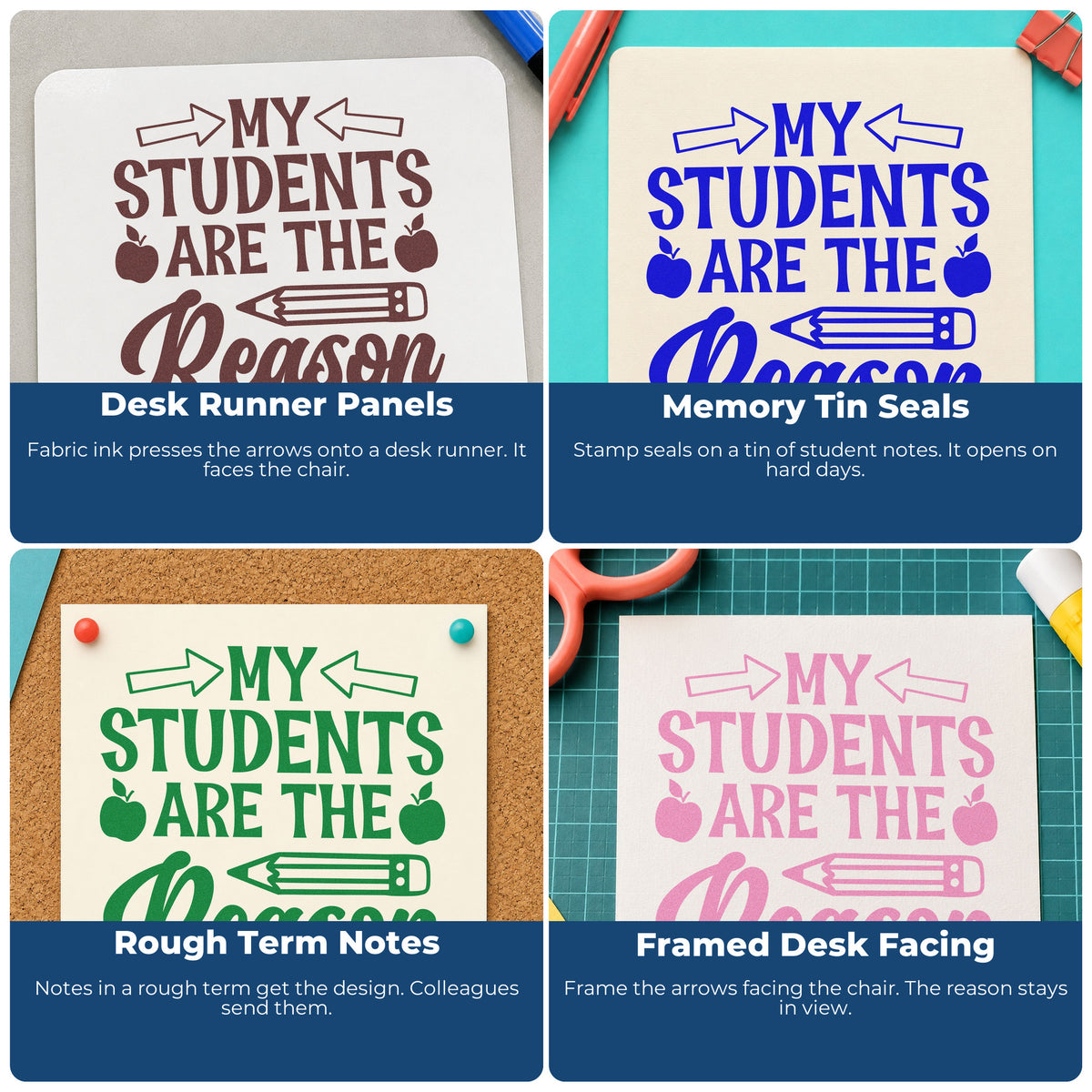 Four ways to use the My Students Are The Reason Apple Motif Pre-Inked Stamp – PSI: desk runner panels, memory tin seals, rough term notes and framed desk facing.