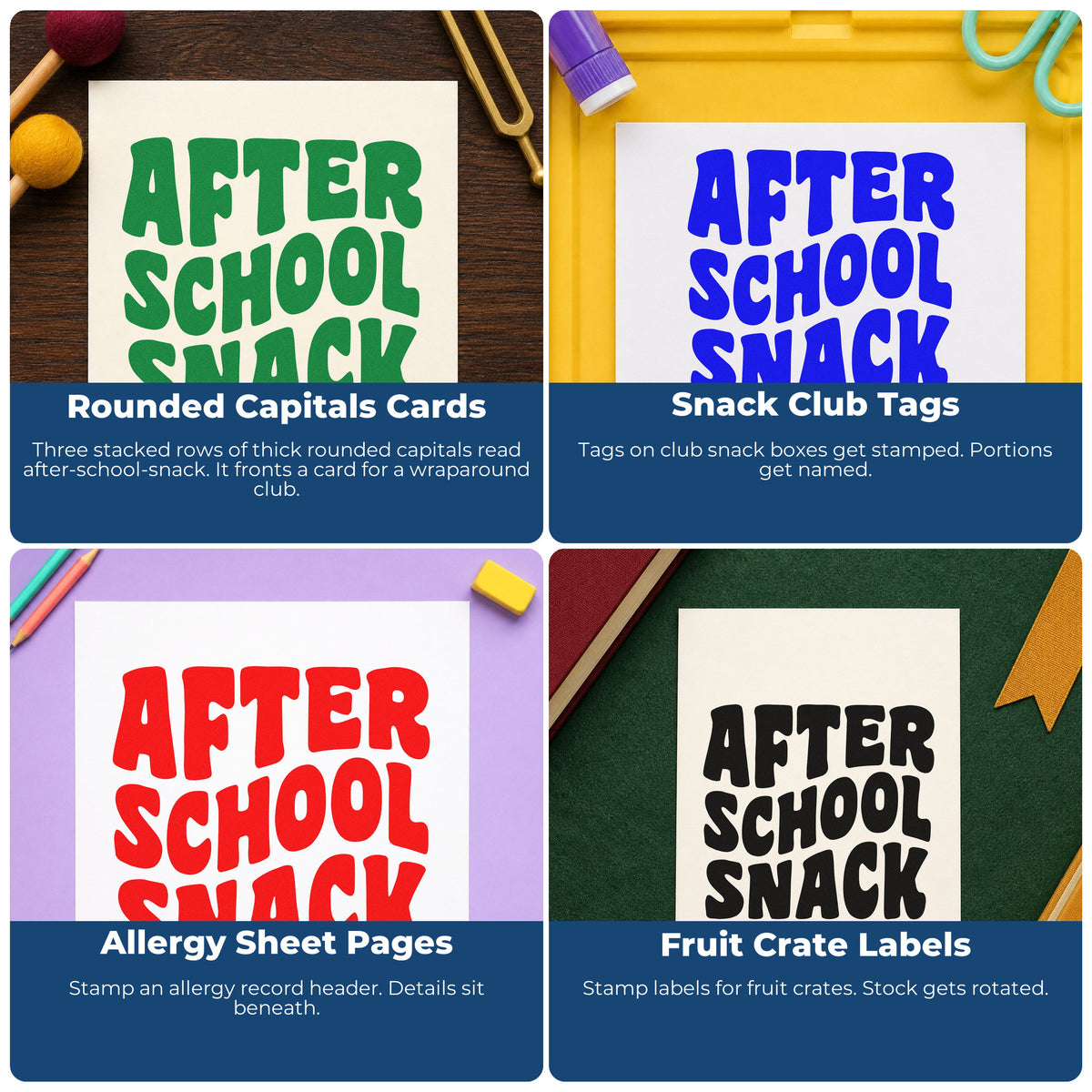 Four ways to use the Wood Handle After School Snack Block Lettering Rubber Stamp: rounded capitals cards, snack club tags, allergy sheet pages and fruit crate labels.