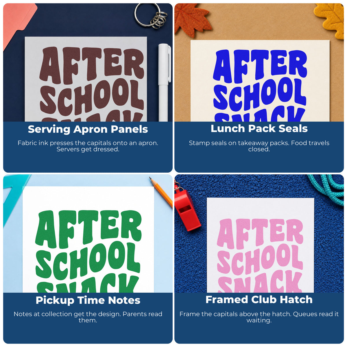 Four ways to use the After School Snack Block Lettering Rubber Stamp – Duo Hand: serving apron panels, lunch pack seals, pickup time notes and framed club hatch.