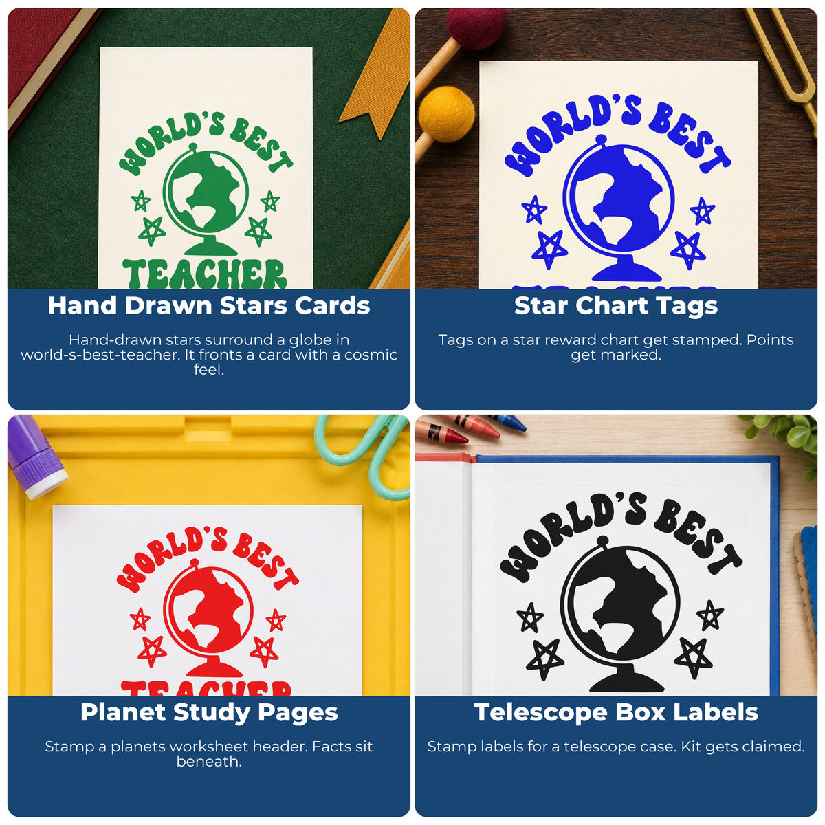 Four ways to use the World's Best Teacher Globe Stamp - Premium Vintage Pro Wooden: hand drawn stars cards, star chart tags, planet study pages and telescope box labels.