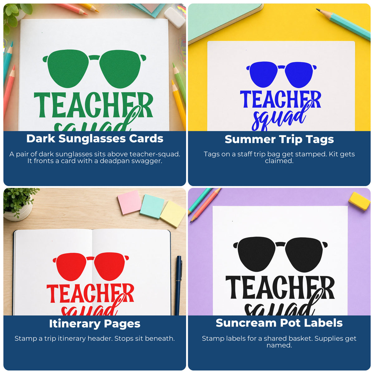 Four ways to use the Teacher Squad Solid Sunglasses Premium Wooden Stamp - Vintage Pro: dark sunglasses cards, summer trip tags, itinerary pages and suncream pot labels.