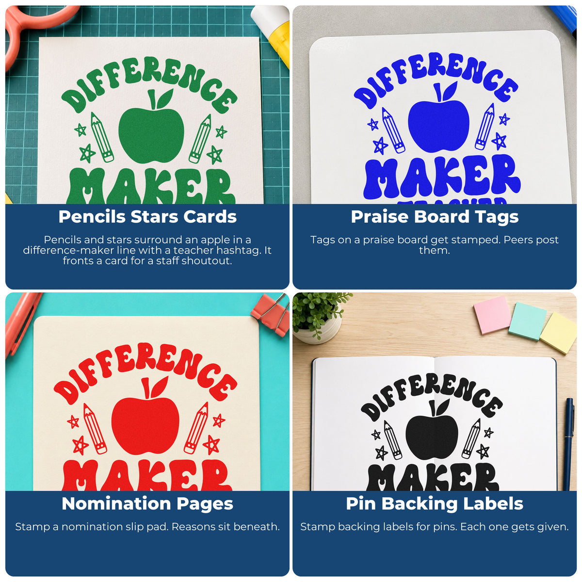 Teacher rubber stamp examples for grading feedback, parent communication, student rewards, and homework folder reminders.