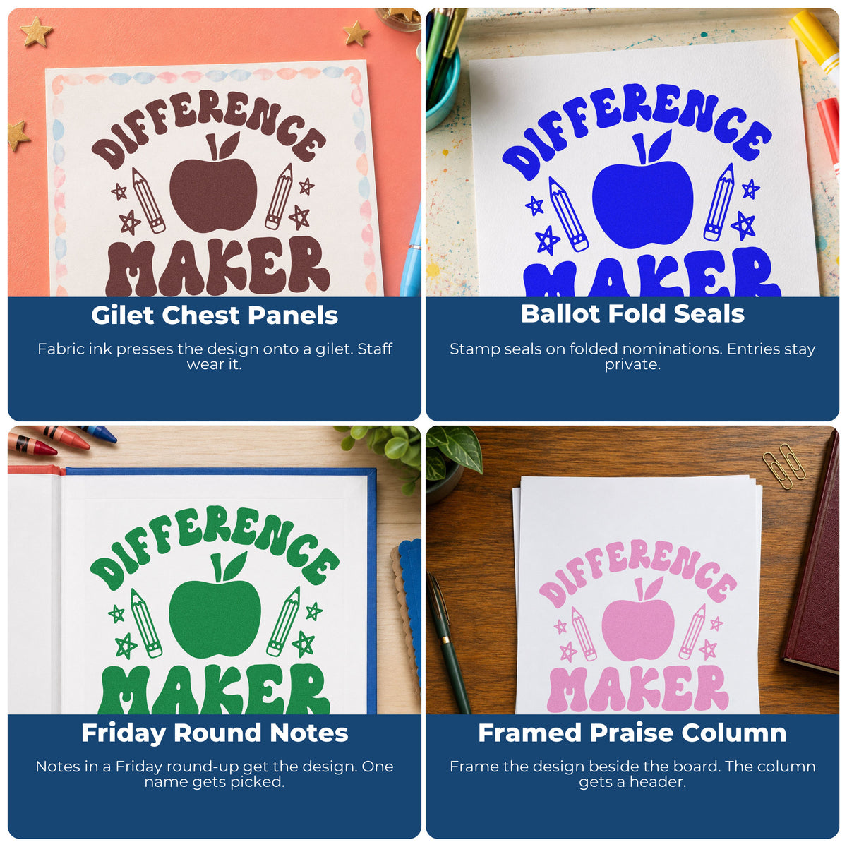 Classroom rubber stamp examples for teachers, including custom stamps for projects, bulletin boards, SEL, and hall passes.