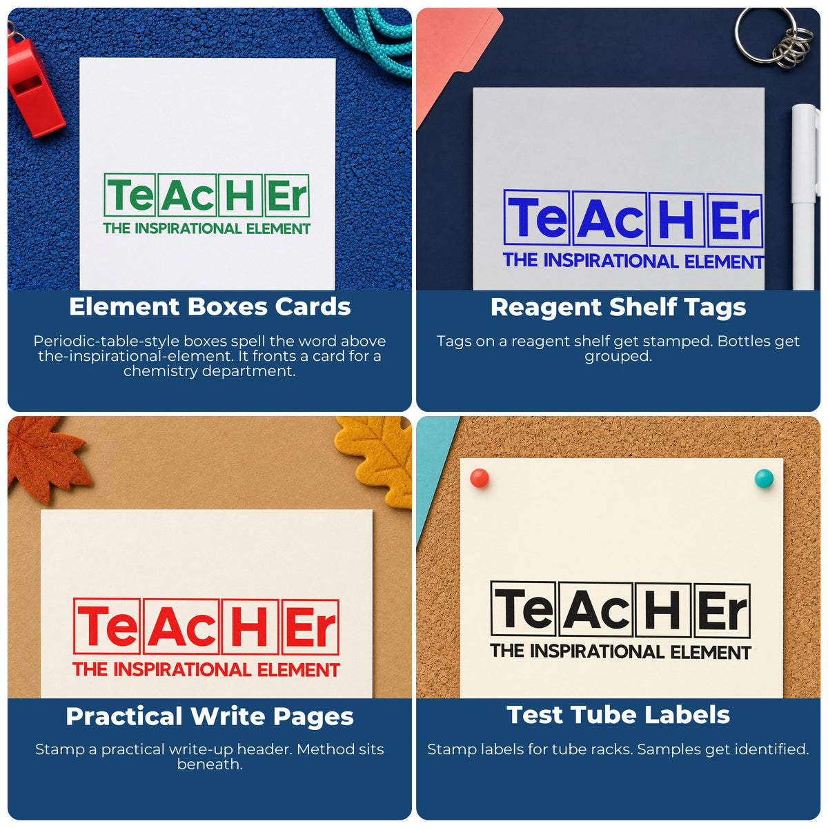 Four ways to use the Inspirational Teacher Element Design Wood Handle Stamp: element boxes cards, reagent shelf tags, practical write pages and test tube labels.
