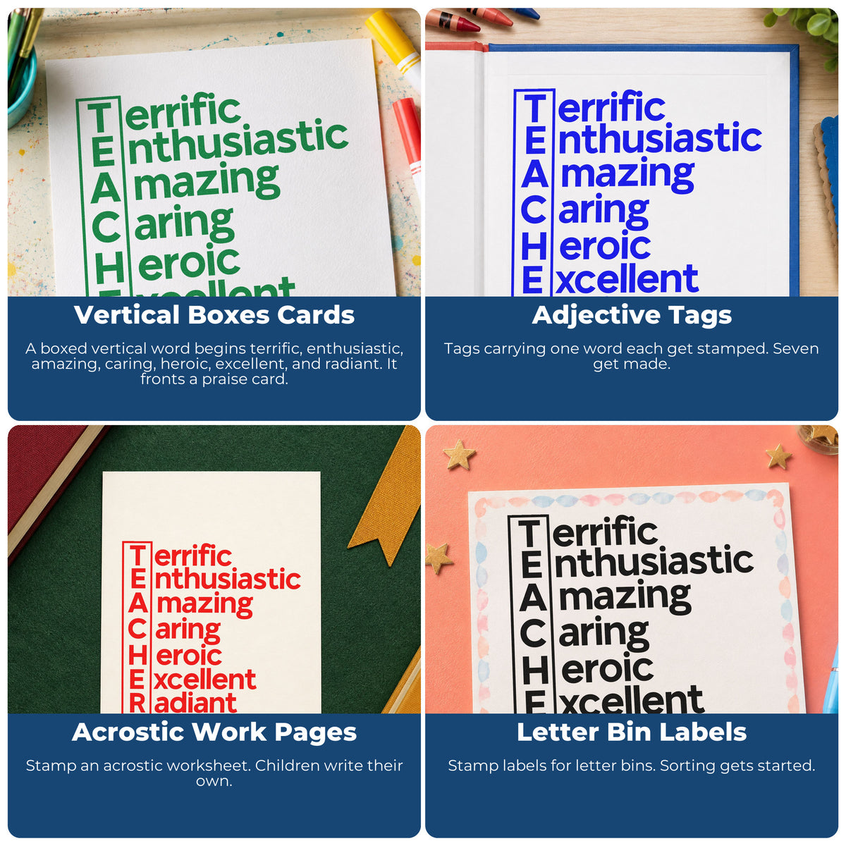 Four ways to use the Teacher Traits Boxed Acrostic Premium Wooden Stamp - Vintage Pro: vertical boxes cards, adjective tags, acrostic work pages and letter bin labels.