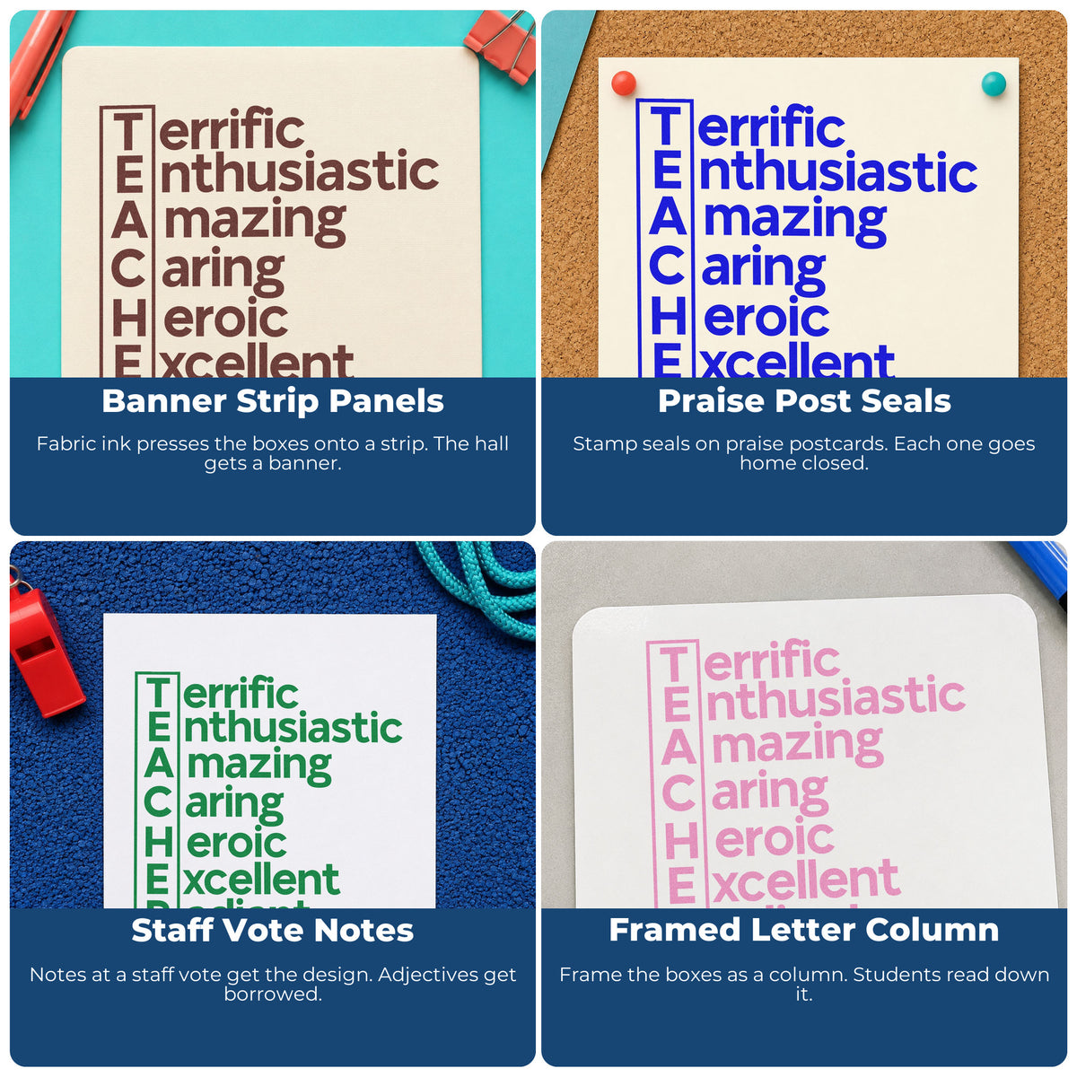 Four ways to use the Teacher Traits Boxed Acrostic Premium Wooden Stamp - Vintage Pro: banner strip panels, praise post seals, staff vote notes and framed letter column.